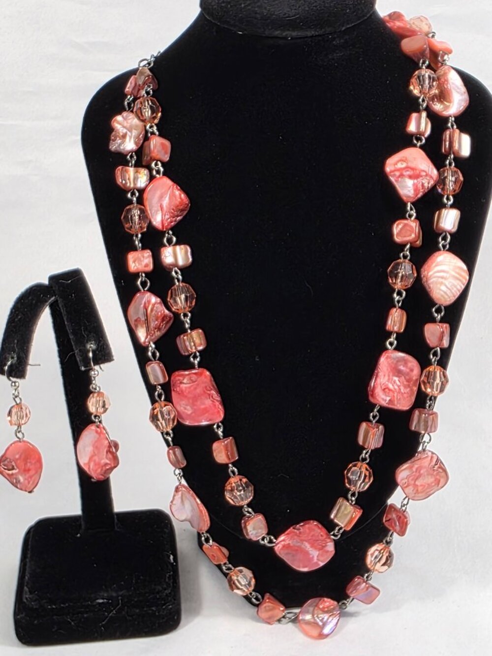 Multi-Strand Pink Dyed Abalone Shell Bead Neckless with Matching Earrings